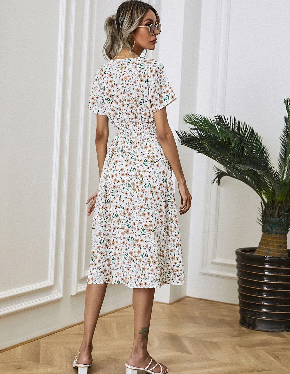 V Neck Disty Floral Printed Short Sleeve Midi A-Line Dresses
