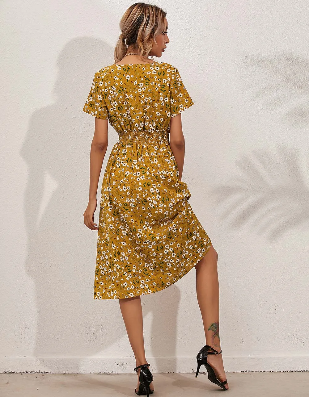 V Neck Disty Floral Printed Short Sleeve Midi A-Line Dresses