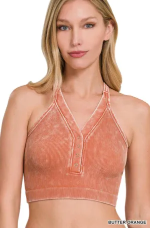 Washed & Ribbed Cropped V-Neck Tank Bralette - Butter Orange