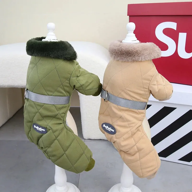 Winter Dog Overalls with Fur Collar and D Ring for Small Breeds