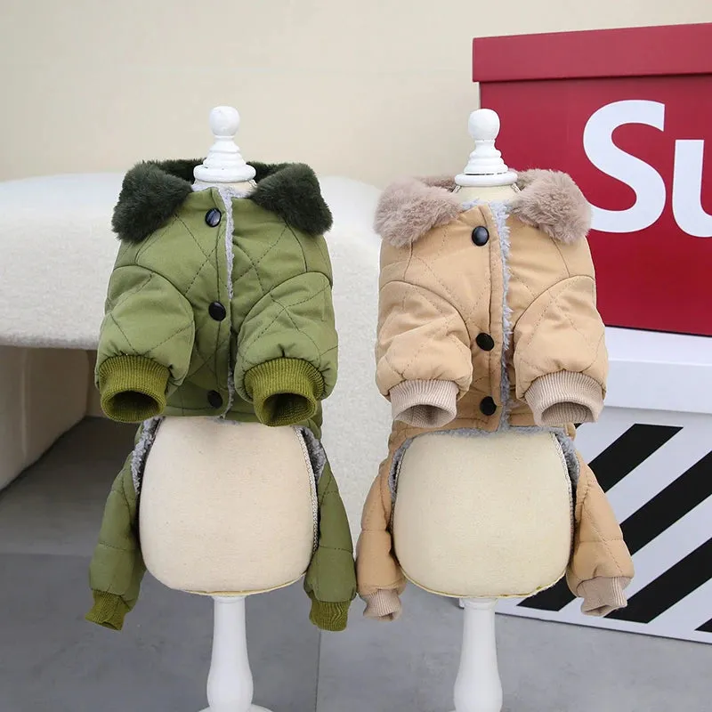 Winter Dog Overalls with Fur Collar and D Ring for Small Breeds