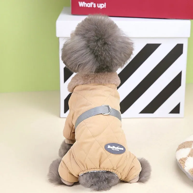 Winter Dog Overalls with Fur Collar and D Ring for Small Breeds