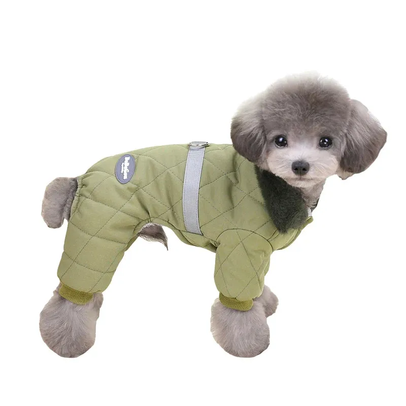 Winter Dog Overalls with Fur Collar and D Ring for Small Breeds