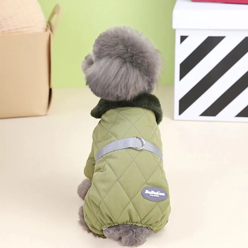 Winter Dog Overalls with Fur Collar and D Ring for Small Breeds