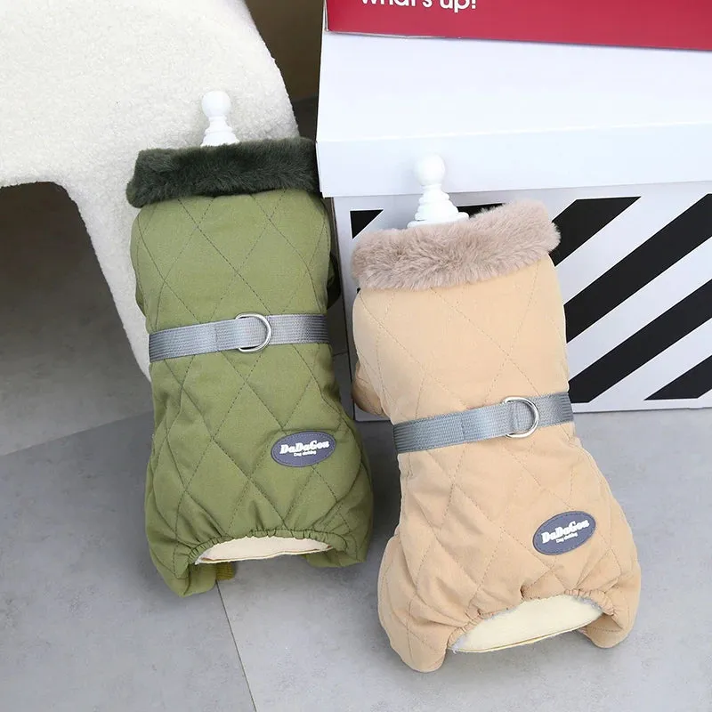 Winter Dog Overalls with Fur Collar and D Ring for Small Breeds