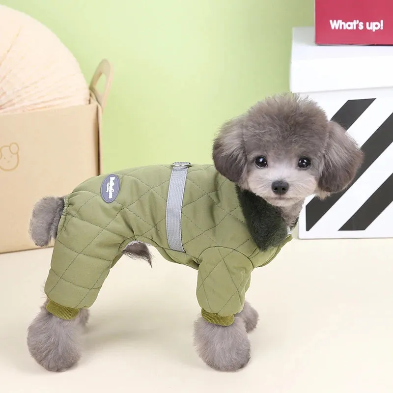 Winter Dog Overalls with Fur Collar and D Ring for Small Breeds