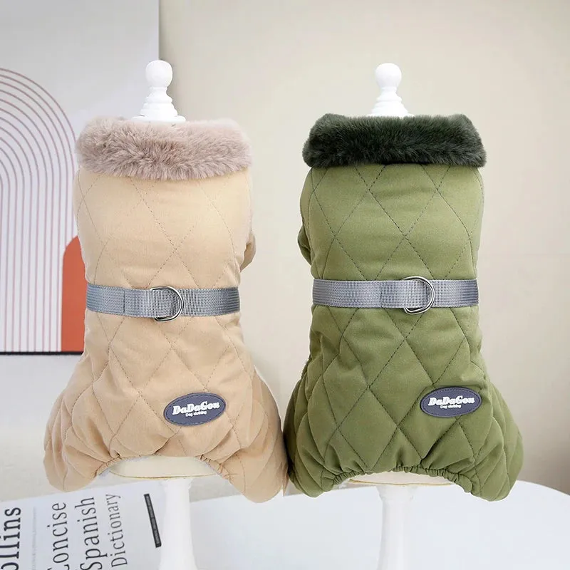 Winter Dog Overalls with Fur Collar and D Ring for Small Breeds
