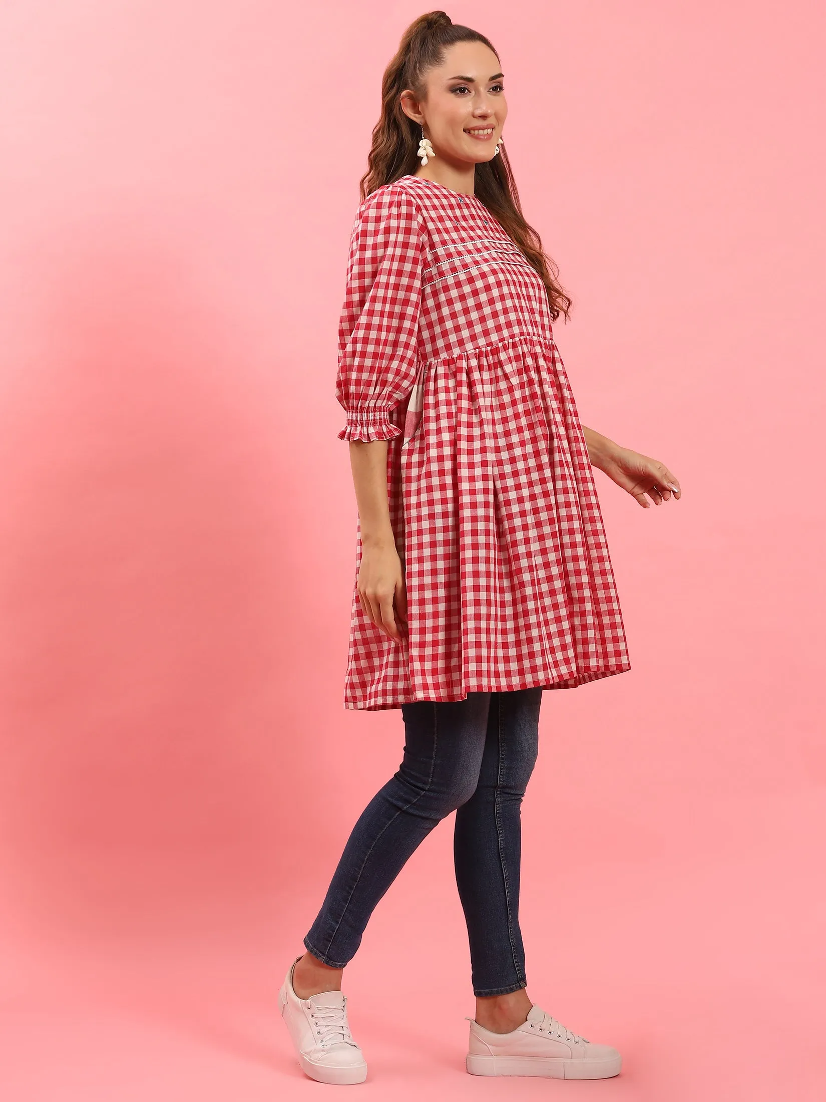 Women Red Checked Short Dress