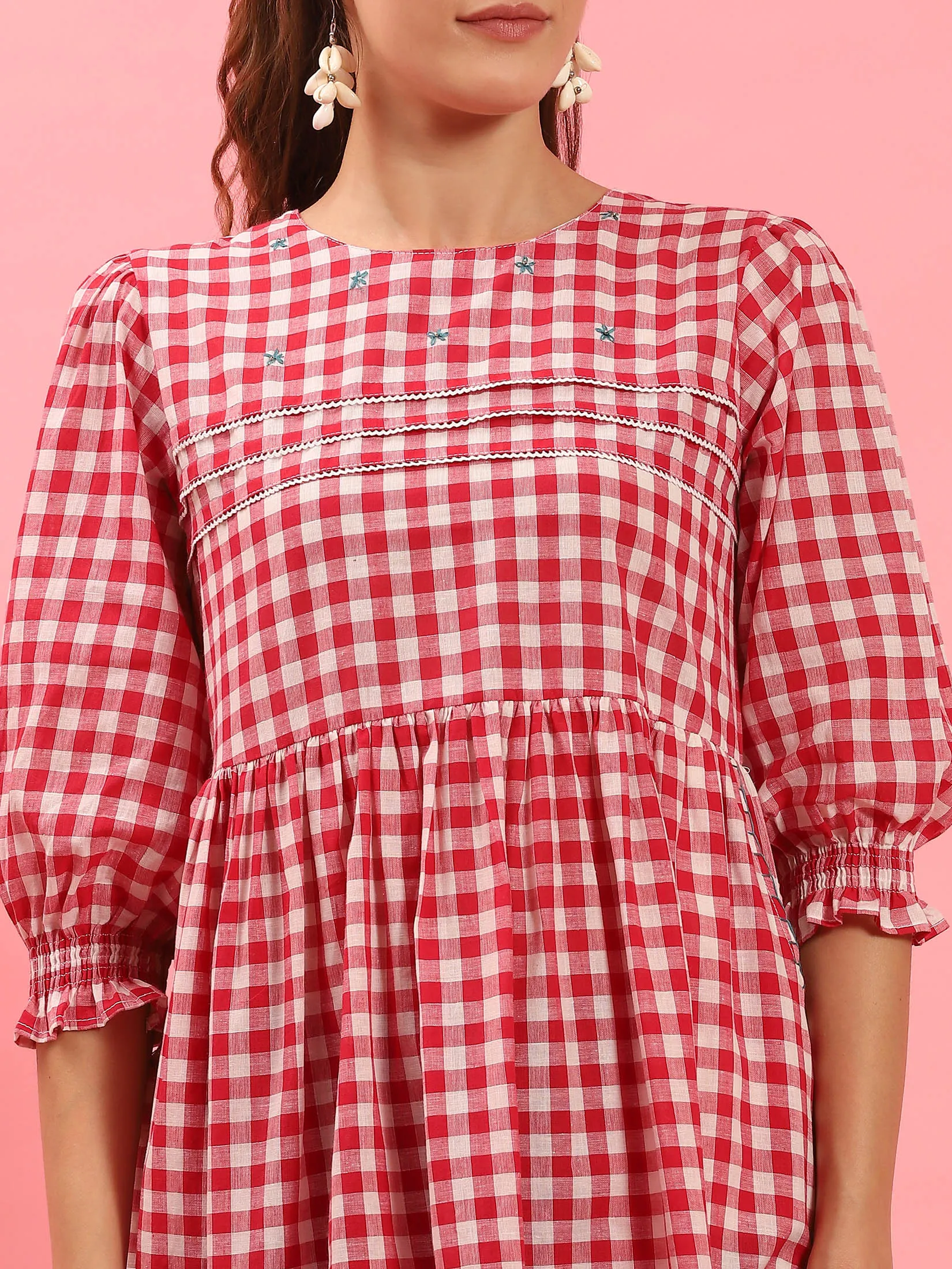 Women Red Checked Short Dress