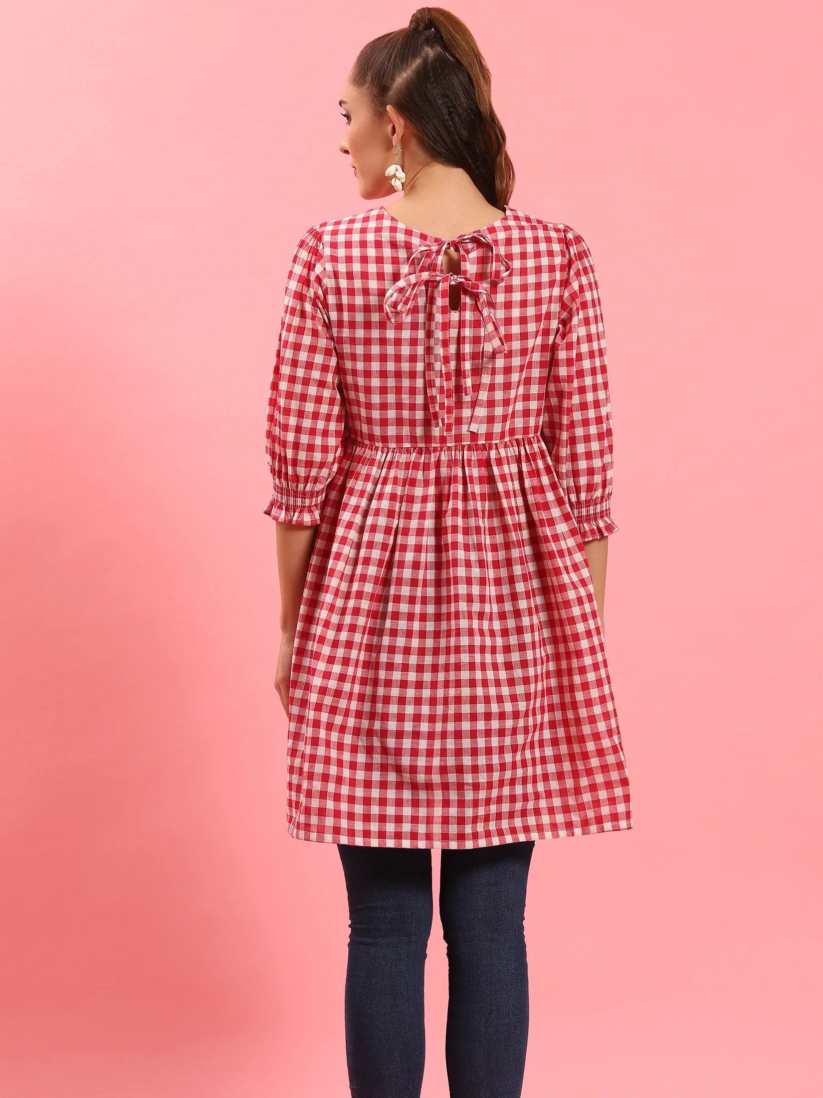 Women Red Checked Short Dress
