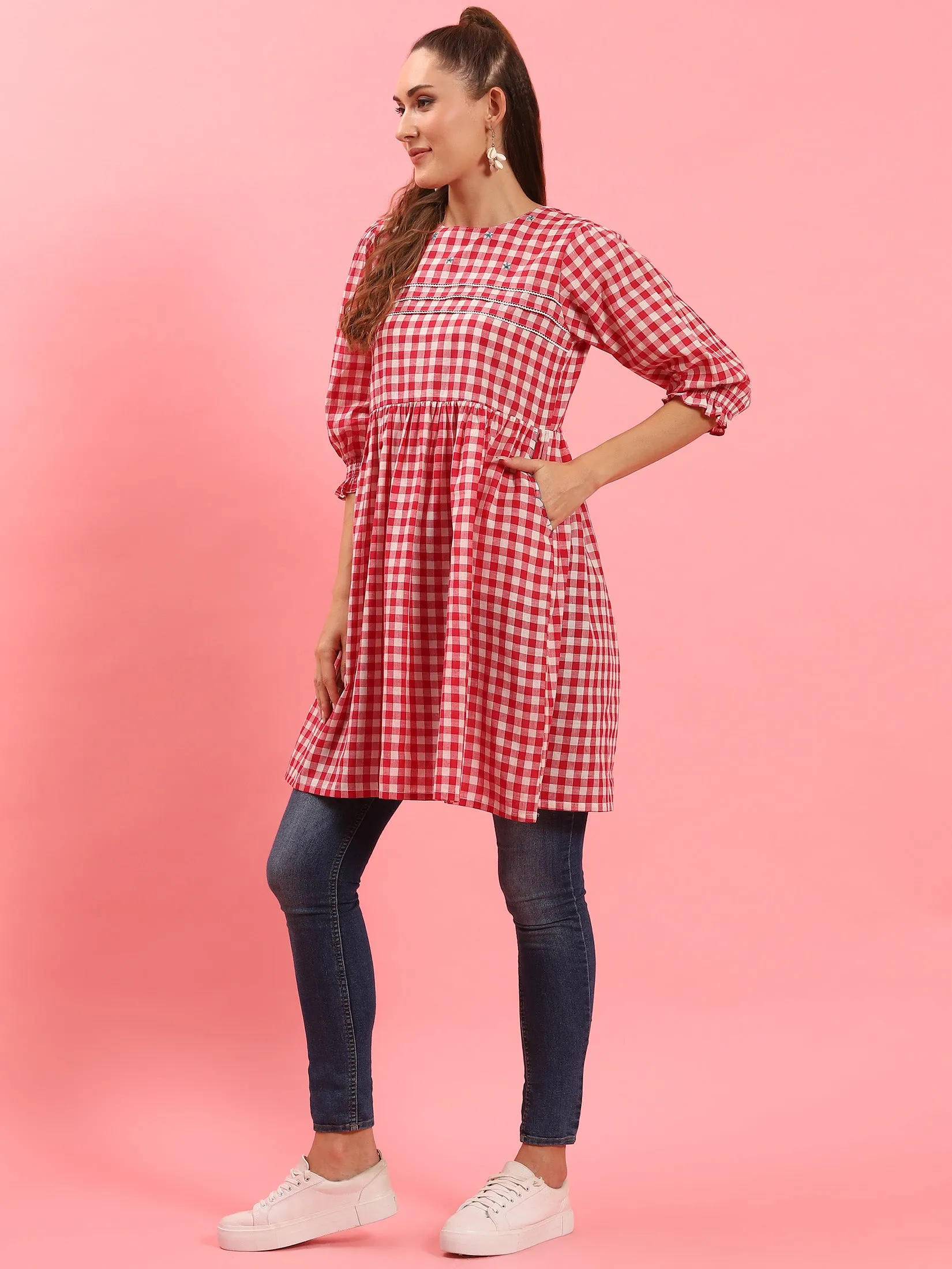 Women Red Checked Short Dress