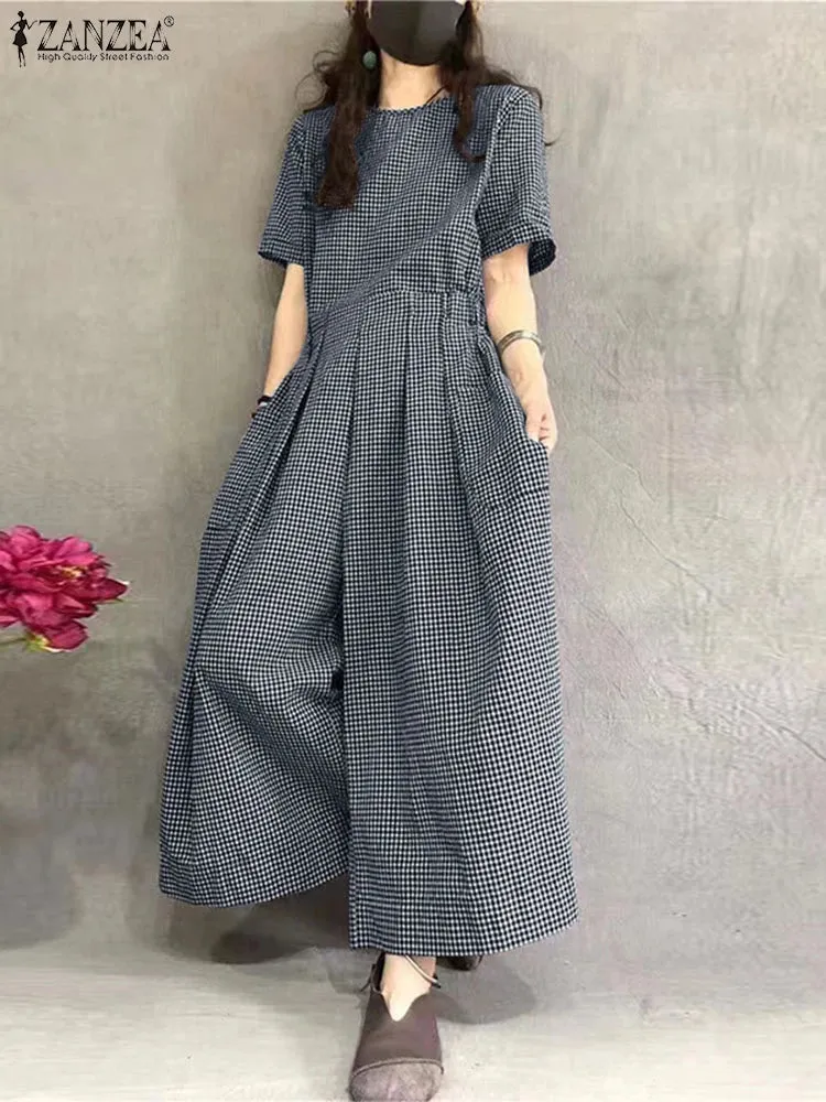 ZANZEA Checked Pleated Waist Jumpsuits O Neck Women Short Sleeve Loose Casual Wide Leg Overalls Gingham 2024 Fashion Long Romper
