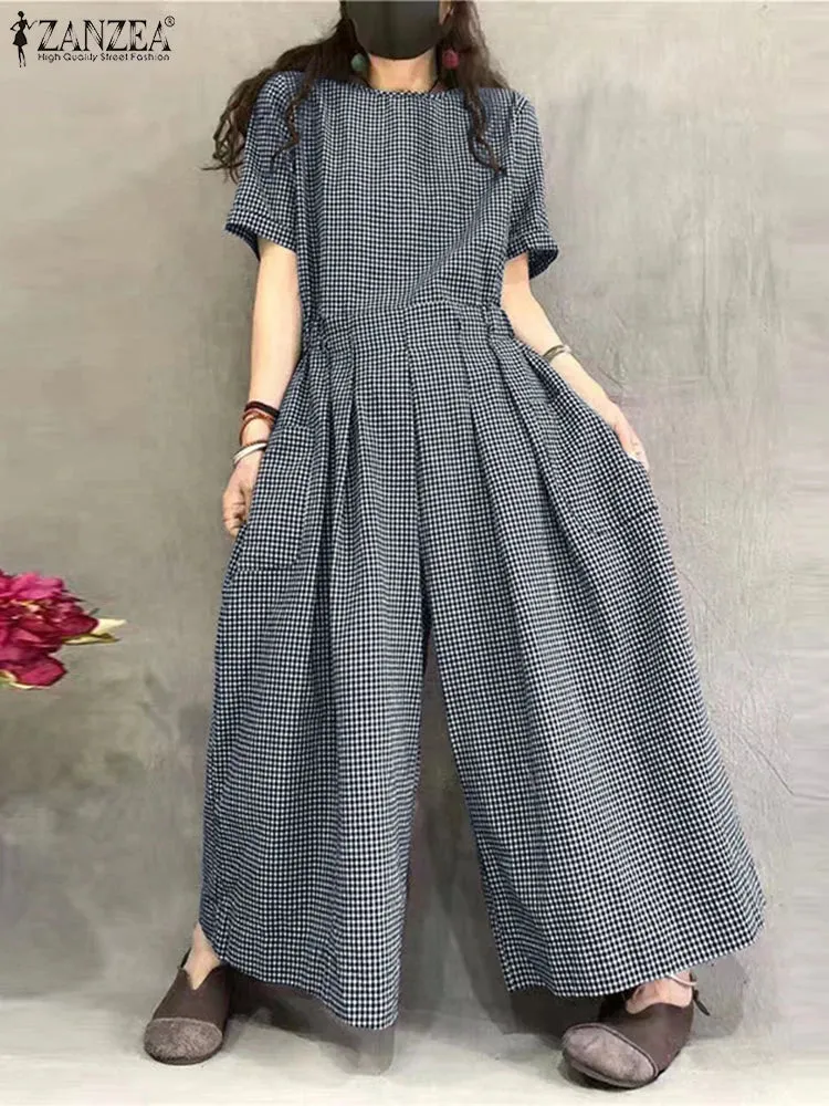 ZANZEA Checked Pleated Waist Jumpsuits O Neck Women Short Sleeve Loose Casual Wide Leg Overalls Gingham 2024 Fashion Long Romper