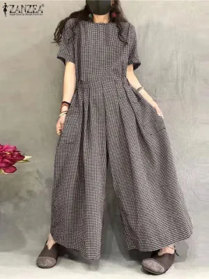 ZANZEA Checked Pleated Waist Jumpsuits O Neck Women Short Sleeve Loose Casual Wide Leg Overalls Gingham 2024 Fashion Long Romper