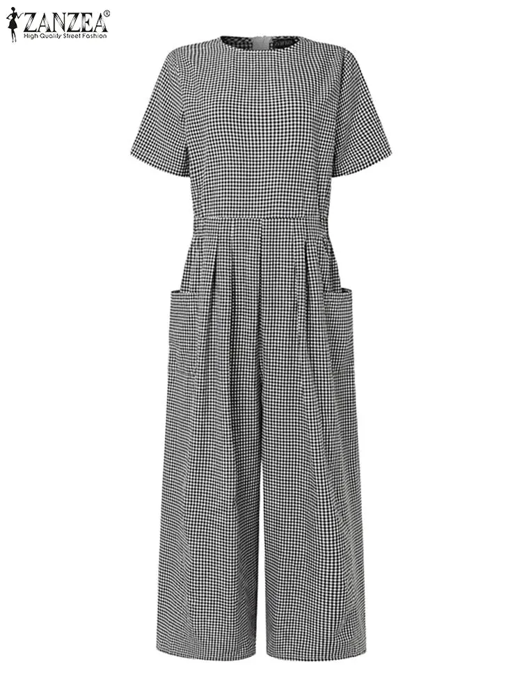 ZANZEA Checked Pleated Waist Jumpsuits O Neck Women Short Sleeve Loose Casual Wide Leg Overalls Gingham 2024 Fashion Long Romper