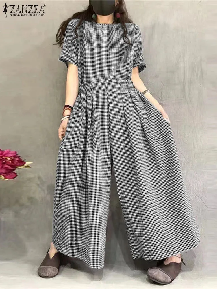 ZANZEA Checked Pleated Waist Jumpsuits O Neck Women Short Sleeve Loose Casual Wide Leg Overalls Gingham 2024 Fashion Long Romper