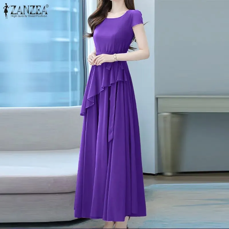 ZANZEA Womens Ladies Elegant Short Sleeve Peplum Belted Waist Cocktial Party Office Maxi Dress XL S4615871