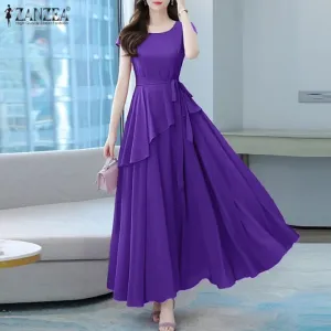ZANZEA Womens Ladies Elegant Short Sleeve Peplum Belted Waist Cocktial Party Office Maxi Dress XL S4615871